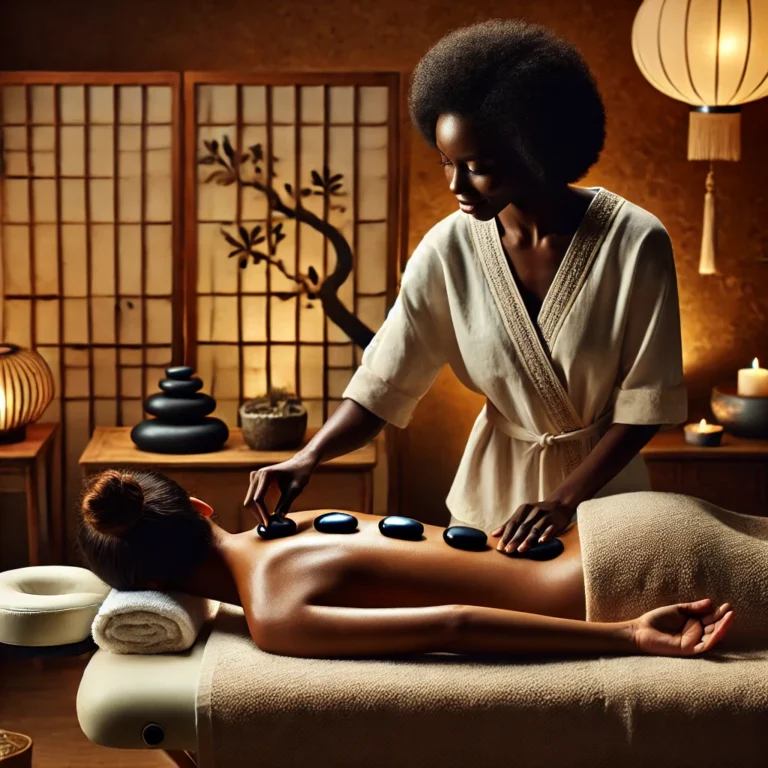 DALL·E-2024-10-15-15.33.53-A-Black-female-massage-therapist-giving-a-hot-stone-massage-in-an-Oriental-themed-spa.-The-therapist-is-massaging-the-back-of-a-client-who-is-lying-fa